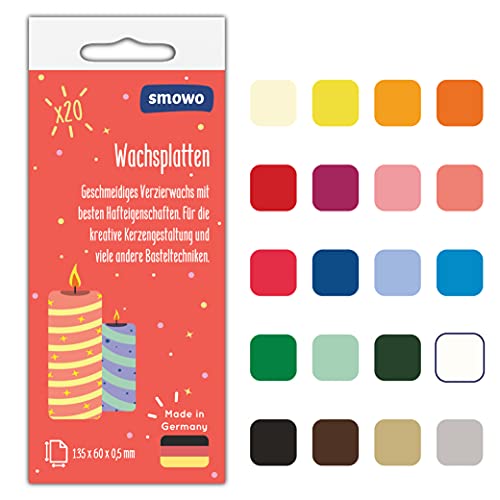 Smowo® 20 Wachsplatten zum Verzieren und Gestalten von Kerzen - Ideal für Kommunion, Taufe und Basteln - Kerzenwachs Platten Set für DIY Kerzenkunst