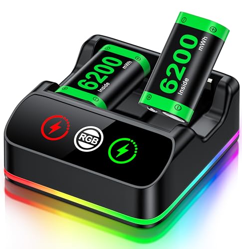 HELLCOOL 2 Stück 6200mWh Akku für Xbox One/Series X&S Controller, Xbox Controller Ladestation mit Cooles RGB Licht/LED Ladeanzeigen, Akku Kompatibel mit Xbox Series X/S, Xbox One S/X/Elite Controller