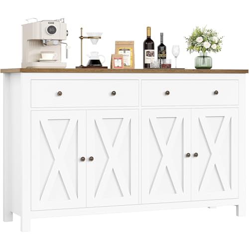 FirFurd Sideboard 140cm Breit Küchenschrank mit Arbeitsplatte Buffetschrank mit 2 Schubladen und 4 Türen Küchenbuffet mit Verstellbares Regal Sideboard für Küche Wohnzimmer Esszimmer weiß 140x89x40 cm