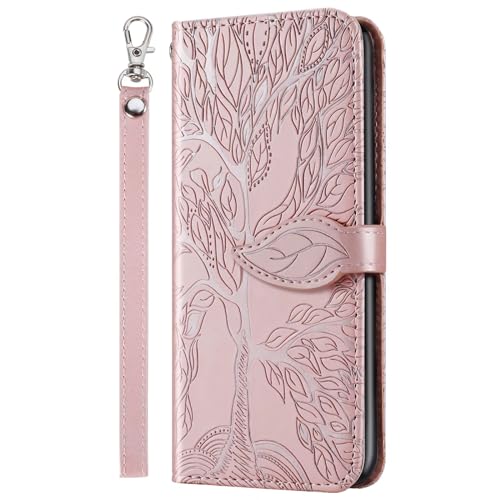 Rnrieyta Miagon Prägung Lederhülle für Samsung Galaxy A24 4G,Handyhülle Tasche Brieftasche Hülle Bookstyle Schutzhülle Flip Case Cover Klapphülle Kartenfächer,Roségold