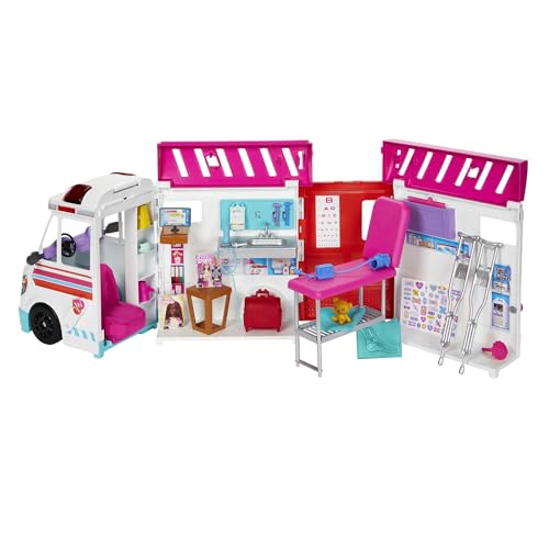 Barbie 2-in-1-Krankenwagen Spielset, Rettungswagen mit Lichtern und Geräuschen, umwandelbar in Pflegeklinik, 20 Puppenzubehör, Spielzeug ab 3 Jahren, HKT79