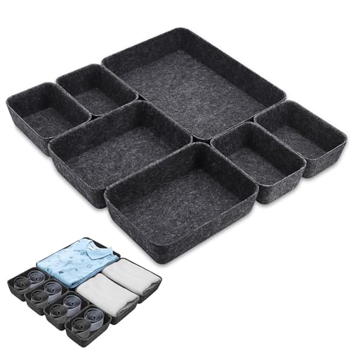 Hejo 7er Set Schubladen Organizer Filz, Schubladen Ordnungssystem, Verdicker Schubladeneinsatz, Filz Aufbewahrungsbox, Flexible Filzbox für Schlafzimmer Büro Wickelkommode (Dunkelgrau)