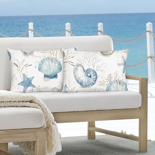 Bonhause 2er Set Kissenbezüge Küsten Nautisch 30 x 50 cm Muschel Koralle Seestern Ozean Thema Dekorative Kissenhülle Zierkissenbezüge für Sofa Schlafzimmer Zuhause Dekoration