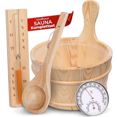 holz4home® Sauna Eimer Set I Hochwertiges Saunazubehör Eimer mit Kelle Sanduhr Thermometer Hygrometer I Hitzebeständiges Sauna Set aus Holz I Komplettset Fasssauna Saunakübel mit Einsatz