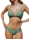 CUPSHE Damen Bikini Set mit Kontrastpaspeln Triangel Brazilian Bikini Bademode Zweiteiliger Badeanzug Dark Green/Textured S
