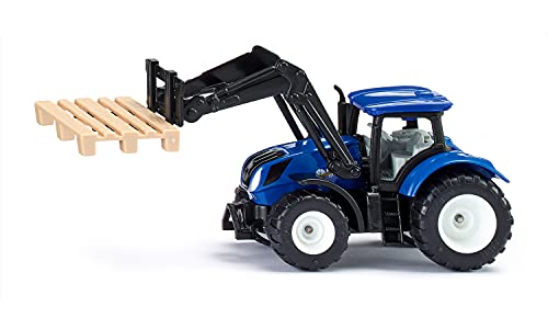 siku 1544, New Holland Traktor mit Palettengabel und Palette, Metall/Kunststoff, Blau, Spielzeugtraktor für Kinder, Beweglicher Frontlader