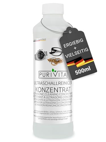 PURIVITA Ultraschallreiniger - sehr ergiebiges Konzentrat - reinigt Brillen, Schmuck, Zahnersatz, etc. - für Ultraschallgeräte & Ultraschallbad - Ultrasonic Cleaner - 500 ml