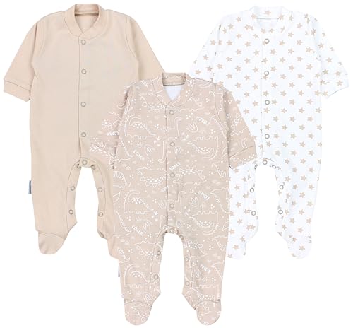 TupTam Baby Jungen Schlafstrampler Langarm Strampler Schlafanzug mit Fuß 3er Pack, Farbe: Dino Park Sterne Mineralgrün Weiß, Größe: 50