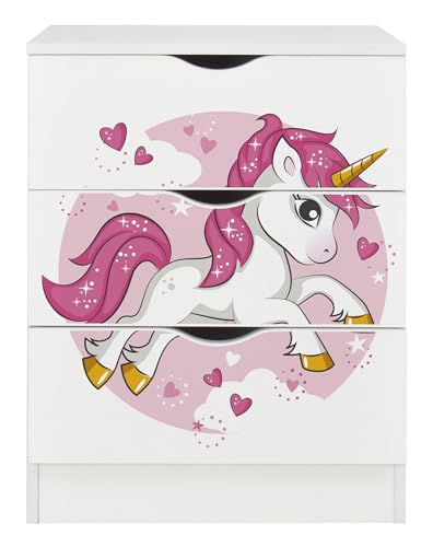 Leomark Weiß Kommode mit 3 Schubladen - Roma - Möbel für Kinderzimmer aus Holz, Schlafzimmer-Möbel (Pink Unicorn)