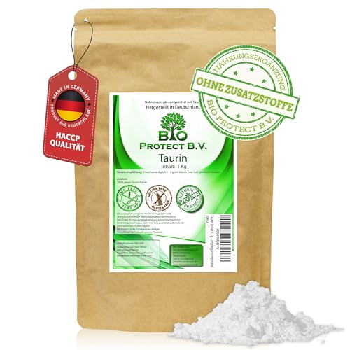 Taurin Pulver 1 Kg 100% rein ohne Zusatzstoffe! 1000g reines Taurin ohne Magnesiumstearat - Bio Protect BV Premium Nahrungsergänzungsmittel