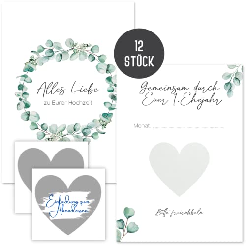 Things of Happiness Hochzeitsgeschenk “Gemeinsam durch Euer 1. Jahr – Hochzeitsspiel für das Brautpaar | 12 Rubbelkarten für Gutscheine für das Brautpaar, Geschenk zur Hochzeit (Grün Eucalyptus)