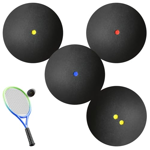 GOMETY Squashbälle 4er-Set, 4 Geschwindigkeit Squash Bälle Elite Doppelgelb, Intermediate Gelb, Rot Anfänger, Junior einzelne Blau Squashball High Bounce Sport Squash Ball für Wettbewerb Training