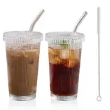 Noxtioanip 2 Stück Glasbecher mit Deckel und Strohhalm, 380ml Trinkbecher, Glas Smoothie Becher, Eiskaffee Gläser, Kaffeegläser, für Cappuccino, Latte, Tee, EIS, Eistee, Iced Americano, Milch, Saft