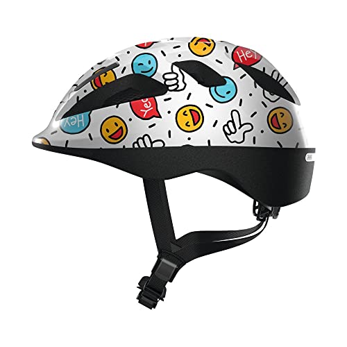 ABUS Kinderhelm Smooty 2.0 - Robuster Fahrradhelm für Kleinkinder im Beifahrersitz - für Mädchen und Jungen - Weiß mit Smileys, Größe S