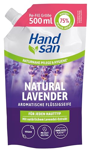 Hand san Flüssigseife Natural Lavender im Nachfüllbeutel 500 ml, mit natürlichem Lavendelöl, Händewaschen & Gesichtsreinigung, Rezeptur ohne Mikroplastik, pH-hautneutral, vegan