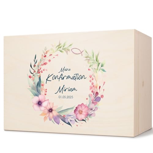 GRAVURZEILE Bedruckte Erinnerungskiste - Blumenkranz - Personalisiert mit Name & Datum - Erinnerungsbox für Mädchen & Jungen - Geschenk zur Kommunion, Konfirmation & Taufe - Erinnerungsbox