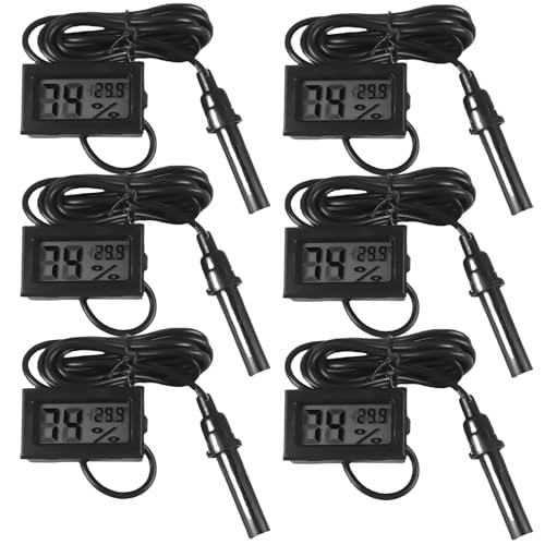 6 Stück Mini LCD Digital Thermometer Hygrometer, Eingebettetes Mini LCD Thermometer mit Fühler und 1.5m Kabel, Reptilien Temperatur Luftfeuchtigkeitsmesser für Reptilien, Inkubator, Aquarium