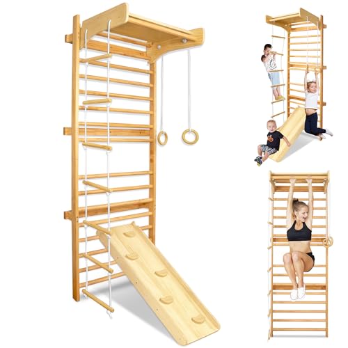 TATIVALO Sprossenwand Sportgerät aus Holz Kletterwand Klettergerüst Indoor, Fitness Turnwand Heimsportgerät für Kinder & Erwachsene mit Stange Turnringe Rutsche Strickleiter