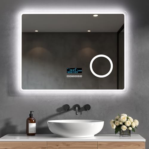 Heilmetz Bluetooth Badspiegel LED 80x60cm, Badezimmerspiegel mit Beleuchtung, Uhr, Antibeschlag, 3X Vergrößerung, Badspiegel mit Beleuchtung 6500K Kaltweiß Licht, Energiesparend