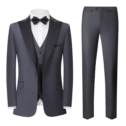 Herren 3 Stück Formale Anzug Set Peak Revers Slim Fit Stilvoller Smoking Anzug Hochzeit Prom Bankett Blazer Weste Hose (Grau,4XL)