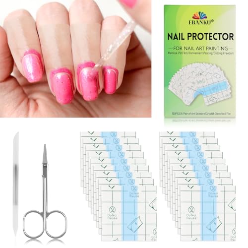 EBANKU 100pcs Nagellackschutz für Finger, Nagelhautschutz für Nagelmalerei, abziehbare Nagellackbarriere für Französisch Tip Nagel Nailart-Zubehör mit Schere und doppelseitiger Nagelfeile