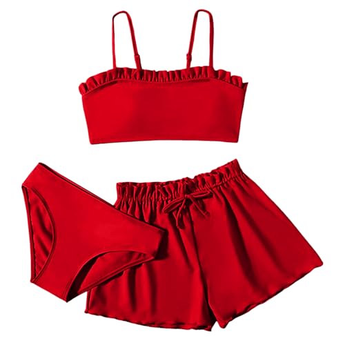 Sunnyuk 3 Stück Mädchen Bikini Sets Schwimmanzug Kinder Einfarbiges Strand Bademode Bikini Oberteil mit Triangel Bikinihose Und Kurz Shorts Teenager Badeanzüge mit Verstellbare (C01-Red, 10-12 Years)