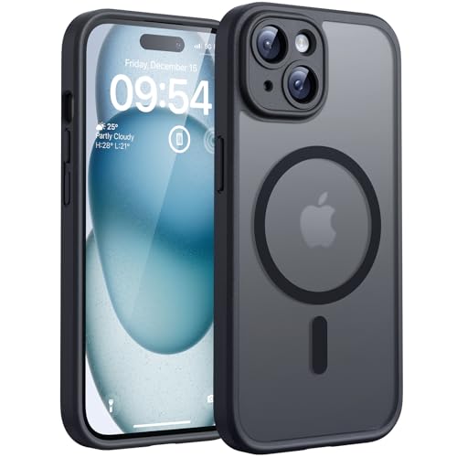 TOCOL für iPhone 15 Hülle für Magsafe, Vollständiger Kameraschutz Stoßfest Kratzfest Transluzente Rückseite Magnetisch Handyhülle für iPhone 15 Case, Schwarz