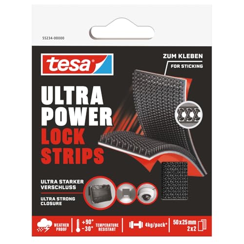 tesa Ultra Power Lock Strips - selbstklebende Klettband-Streifen mit extrem starkem Klettverschluss - wetterfest, UV- und temperaturbeständig - Klebeband für innen- und außen - 4 Stück - 50 x 25 mm