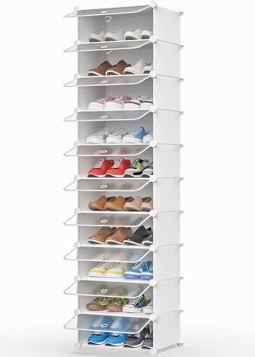 HOMIDEC Schuhregal, 10 Ebenen Schuhschrank Kunststoff-Schuhregale Organizer für Schrank Flur Schlafzimmer Eingang, Weiß und Transparent