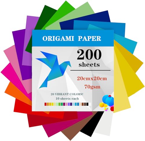 200 Blatt Origami Papier, 20 x 20cm, Doppelseitig, 70 g/m², Faltpapier Bastelpapier Buntes Papier Quadratisch Großes für Kinder, DIY, Schule, Kunst, Bastelprojekte, Kinder und Erwachsene (20 Farben)