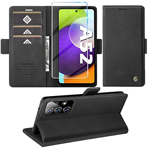 Handyhülle für Samsung Galaxy A52/A52S 4G 5G Hülle mit Schutzfolie, Standfunktion Kartenfach Wallet Premium Leder Schutzhülle A52S Flip Case Cover Stoßfeste Klapphülle (Black)