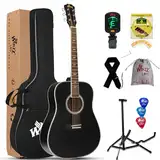 Winzz Schwarz Akustikgitarren 4/4, Anfänger Gitarren 41 Zoll mit Gitarrentkoffer, Stimmgerät, Gurt, Plektren, Extra Saite und Gitarrenständer