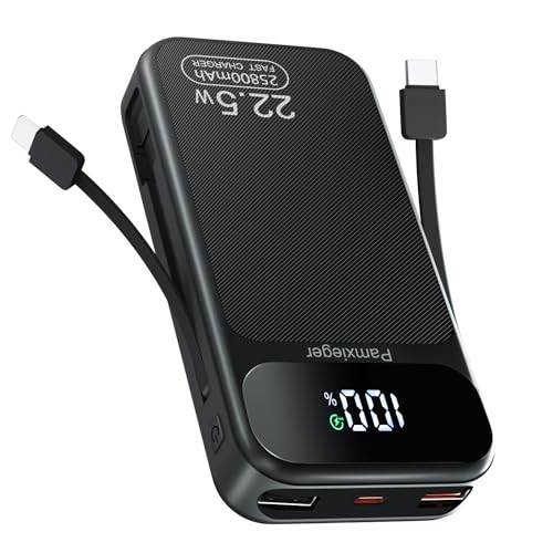 Power Bank 25800 mAh, 22,5W PD3.0 QC4.0 Externer Handyakku Schnell Aufladende LCD Display Powerbank mit USB-C Kabel USB C Ausgängen & Eingängen Tragbares Ladegerät für Smartphone Tablets und mehr