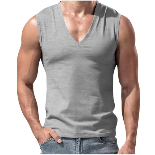 Unterhemd Männer Herren Trägershirt V-Ausschnitt Sportshirt Einfarbig Ärmellose T-Shirt Casual Unterziehshirt Gym Tank Top Laufshirt Slim Fit Atmungsaktiv Weste Grau M