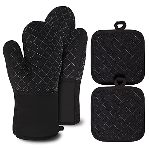 Clocness Topflappen Handschuh, Ofenhandschuhe Hitzebestaendig, rutschfeste Topfhandschuhe 4er-Set Hitzebeständig bis 300°C, Schwarz