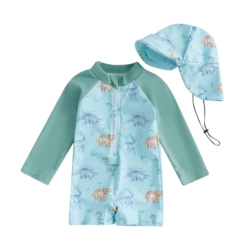 Baby Jungen Badeanzug mit Sonnenhut UPF 50+ Einteiliger Langarm Reißverschluss Bademode Baby Jungen Schwimmen Jumpsuit Set Rash Guard Badeanzug Baby Jungen Zip Up Swimwear (Grün-A, 0-3 Months)
