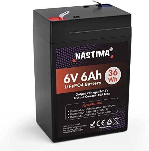 NASTIMA 6V 6Ah LiFePO4 Wiederaufladbare Batterie Mit BMS-Schutz und 2000 Deep-Cycle Wartungsfrei, Geeignet für Notstrombeleuchtung, Kinderspielzeugautos, Motorboote, Camping, Sonnenkollektoren