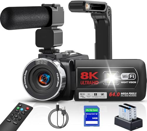 Videokamera 8K Camcorder 64MP WiFi Vlogging Kamera mit IR Nachtsicht für YouTube, 3-Zoll-Touchscreen, 18X Digitalzoom Webcam Camera mit Mikrofon,Stabilisator,Fernbedienung, 64GB SD Karte und Batterien