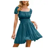 2025 - Damen Minikleid mit Bindeband hinten, quadratischem Ausschnitt, kurzen Puffärmeln, legere Kleider in A-Linie Luftiges Sommerkleid (Green, M)