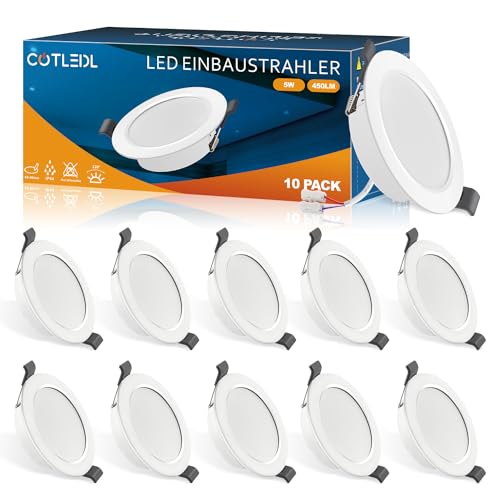 COTLEDL LED Einbaustrahler 230V Flach, 10er set LED Spots 5W 450LM IP44 Bad Einbauleuchten, 68-80mm EinbauØ Deckenspots,Kaltweiß 6000K Einbaustrahler LED Spots Deckenleuchte für Badezimmer Wohnzimmer