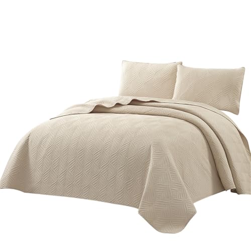 BQUJSML Gesteppte Tagesdecken King-Size Blättermuster 3-teilig Doppelbett-Überwurf-Set Baumwolle Weiches Leichtgewicht Wendedecke Bettoberteil Tagesdecke mit Kissenbezügen 50x70cm(Khaki,180 * 220cm)