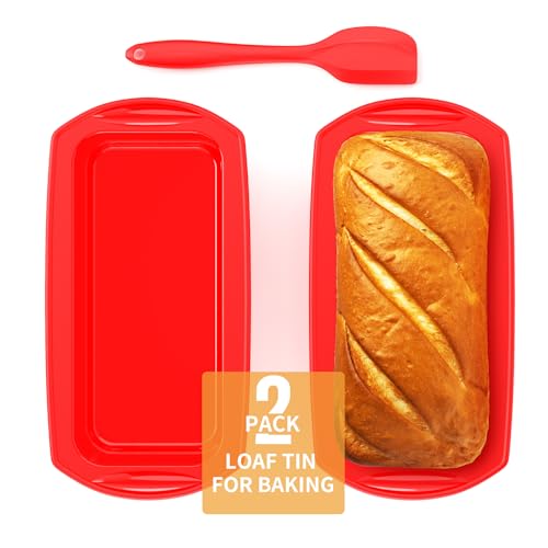 Ankway Rechteckig Silikon Brotbackform mit Teigschaber, 2er Set Anti haftende Silikon Backform Kastenform für Kuchen und Brote, 28x14.3x6.3cm, Rot, ASI013