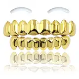 Qiwenr 18K Gold Plated Hip Hop Grillz,Punk Grillz mit Polierten Zähnen,Vergoldeter Grillz,Abnehmbare Hip Hop Mundgrills,8 Obere Zähne 6 Untere Zähne Vergoldet Grill für Männer und Frauen