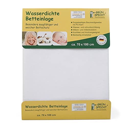 GRÜNSPECHT Wasserdichte Betteinlage 70x100cm, Matratzenschutz, 100 % Baumwolle mit PU-Kern, kochfest & trocknergeeignet, wasserdicht & urinundurchlässig (164-00)