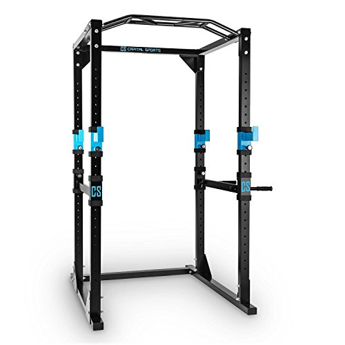 CAPITAL SPORTS Tremendour Power Rack Käfig - Squat Rack Kraftstation, 2 x Safety Spotter: 20-stufig, 4 x J-Hooks, Multigripp-Klimmzugstange, aufsteckbare Dipstangen, Half Rack, schwarz