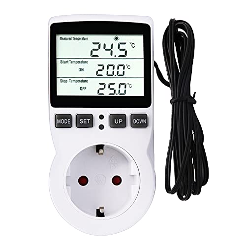 RUIZHI Digitaler Temperaturregler Steckdosen Heizung Kühlen Thermostat 250V mit Fühler Steckdose und Sonde LCD Bildschirm für Gewächshaus,Aquarium,Terrarium,Reptilien （EU