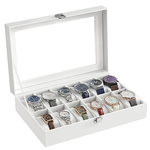 SONGMICS Uhrenbox mit 12 Fächern, Uhrenkasten, Glasdeckel, Uhrenkoffer mit herausnehmbaren Uhrenkissen, Premium-Uhrenschatulle, PU-Bezug in Weiß, Samtfutter in Weiß JWB202