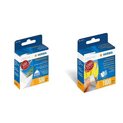 HERMA 1383 Transparol Fotoecken selbstklebend (20 mm, transparent) in Spendepackung, 500 Stück & 1071 Fotokleber im Spender (12 x 17 mm) selbstklebend, doppelseitig, 1.000 Stück, weiß