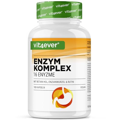 Verdauungsenzyme - 180 Kapseln mit 16 Enzyme plus Betain HCL, Rutin & Enzianwurzel - Mit Bromelain, Papain, Amylase, Lipase, Protease, Laktase - Vegan - Hochdosiert