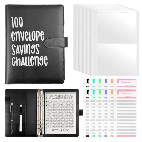 Cash Binder Spar-Herausforderung, 100 Briefumschläge Challenge Binder, Geldsparbinder Budget Planner mit Budgetblättern und Stift, A5 Umschlag-Challenge-Ordner für Büros Zuhause Schule